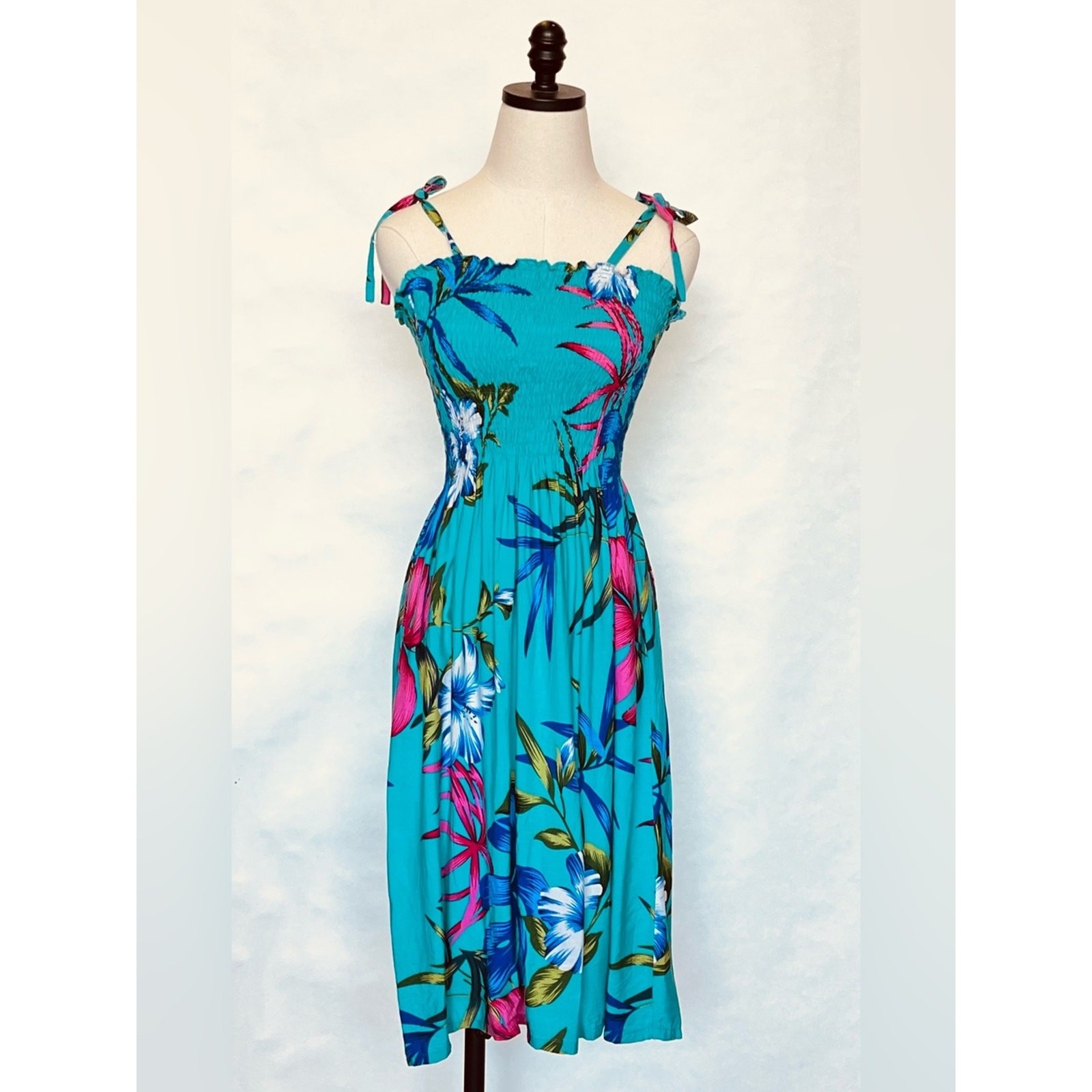 Vintage Colorful Floral Tropical Maxi Dress Stretch Shoulder Tie Straps Sundress