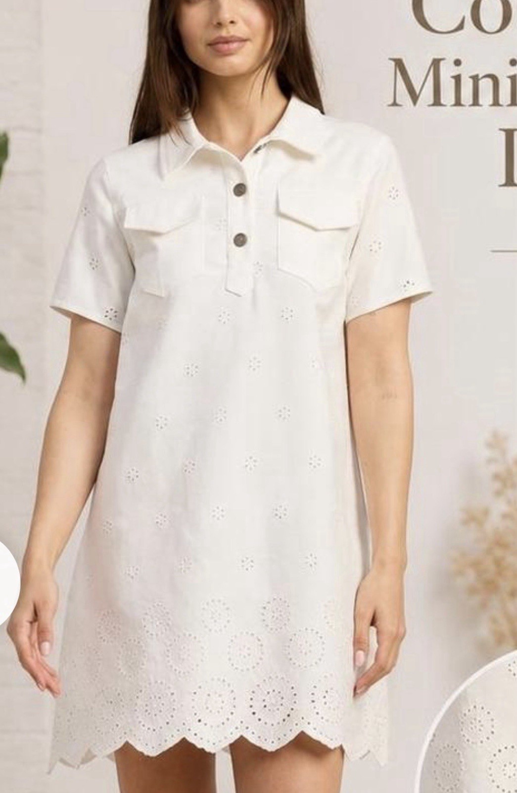 En Saison Cream Eyelet Denim Mini Dress Scalloped Hem Cottagecore size L