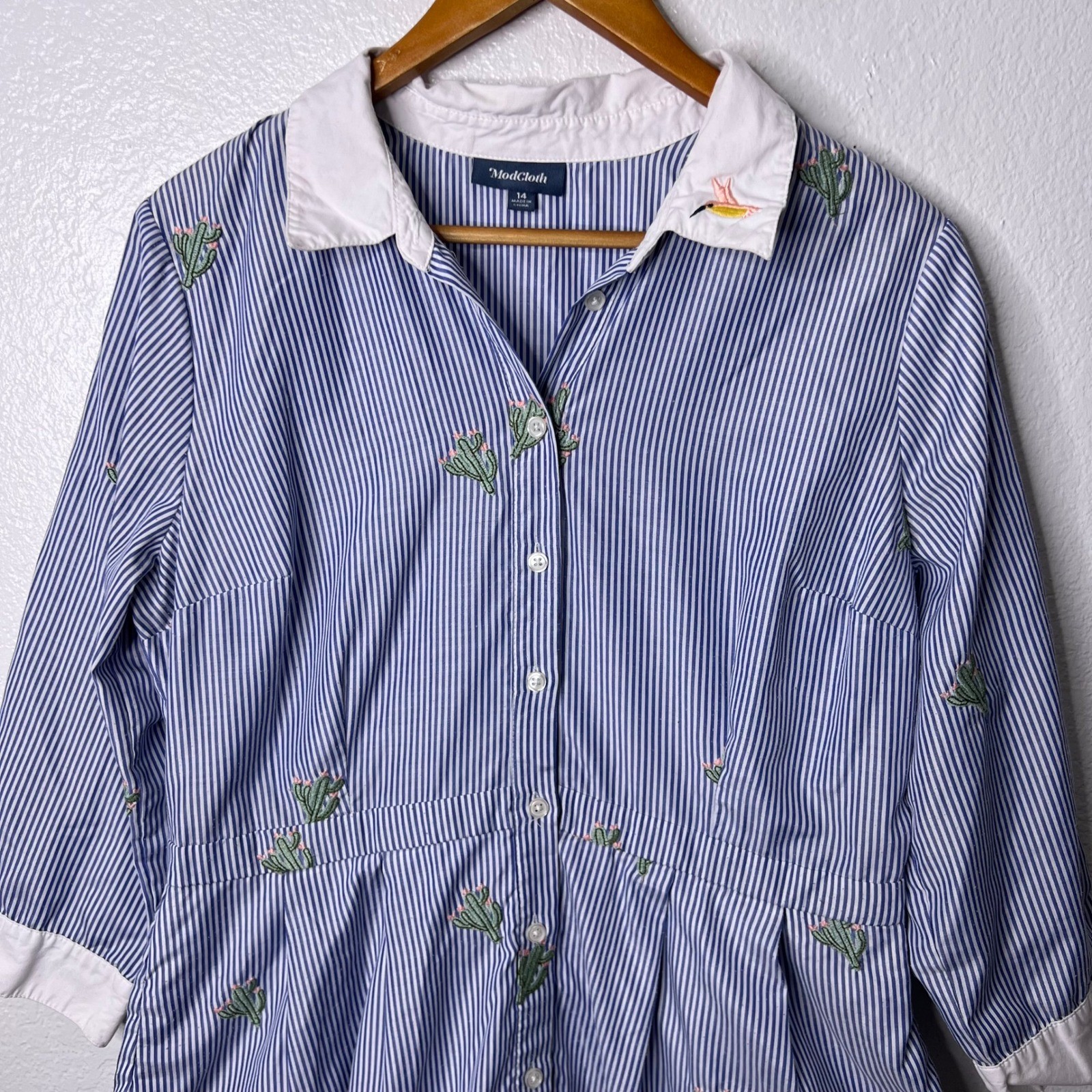 ModCloth Striped Embroidered Cactus Hummingbird Button Front Shirt Dress 14