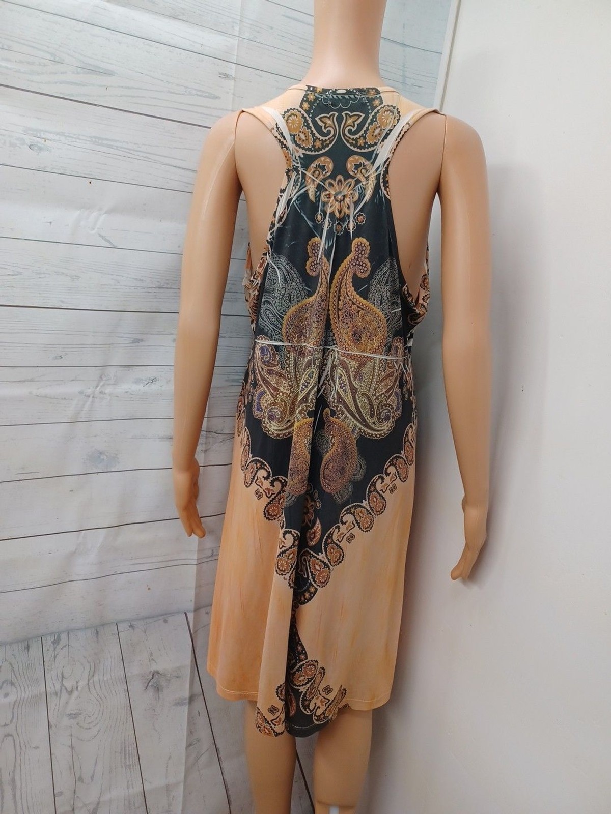 World Unity Boho Dress XL Beaded Print Festival Summer Brown Beige