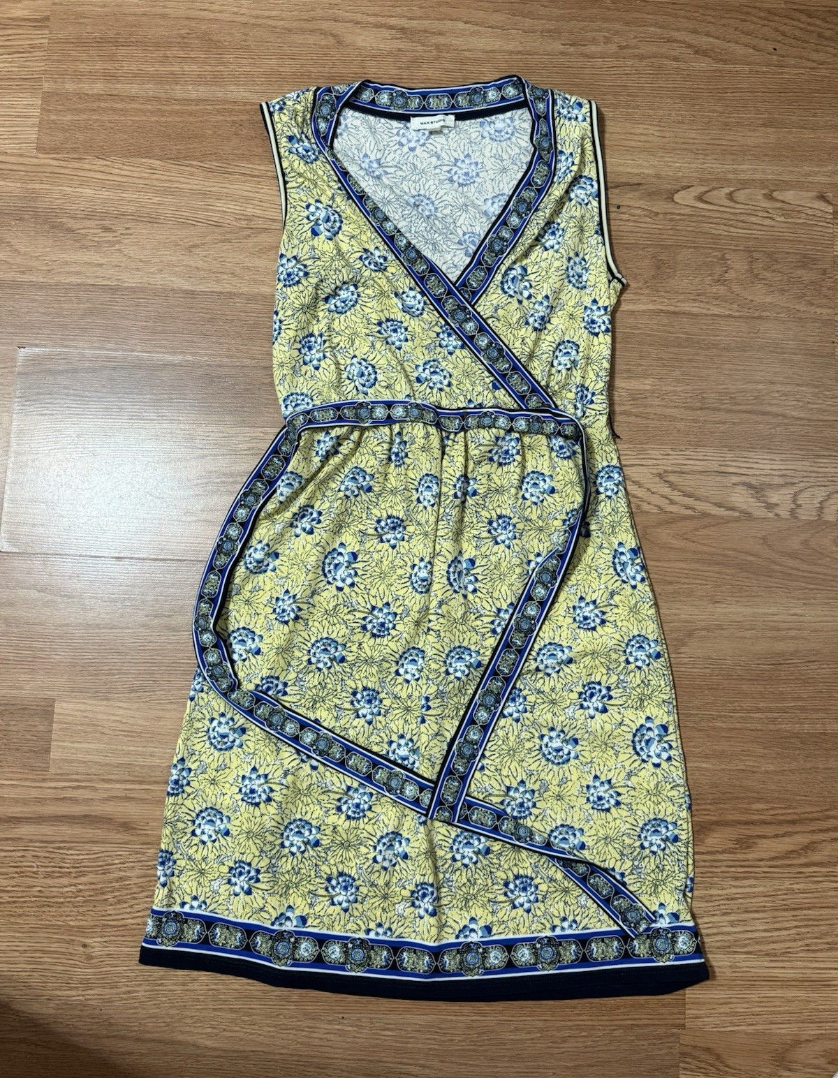 Max Studio Women’s S Yellow Blue White Floral Wrap Dress V-Neck Sleeveless Knee