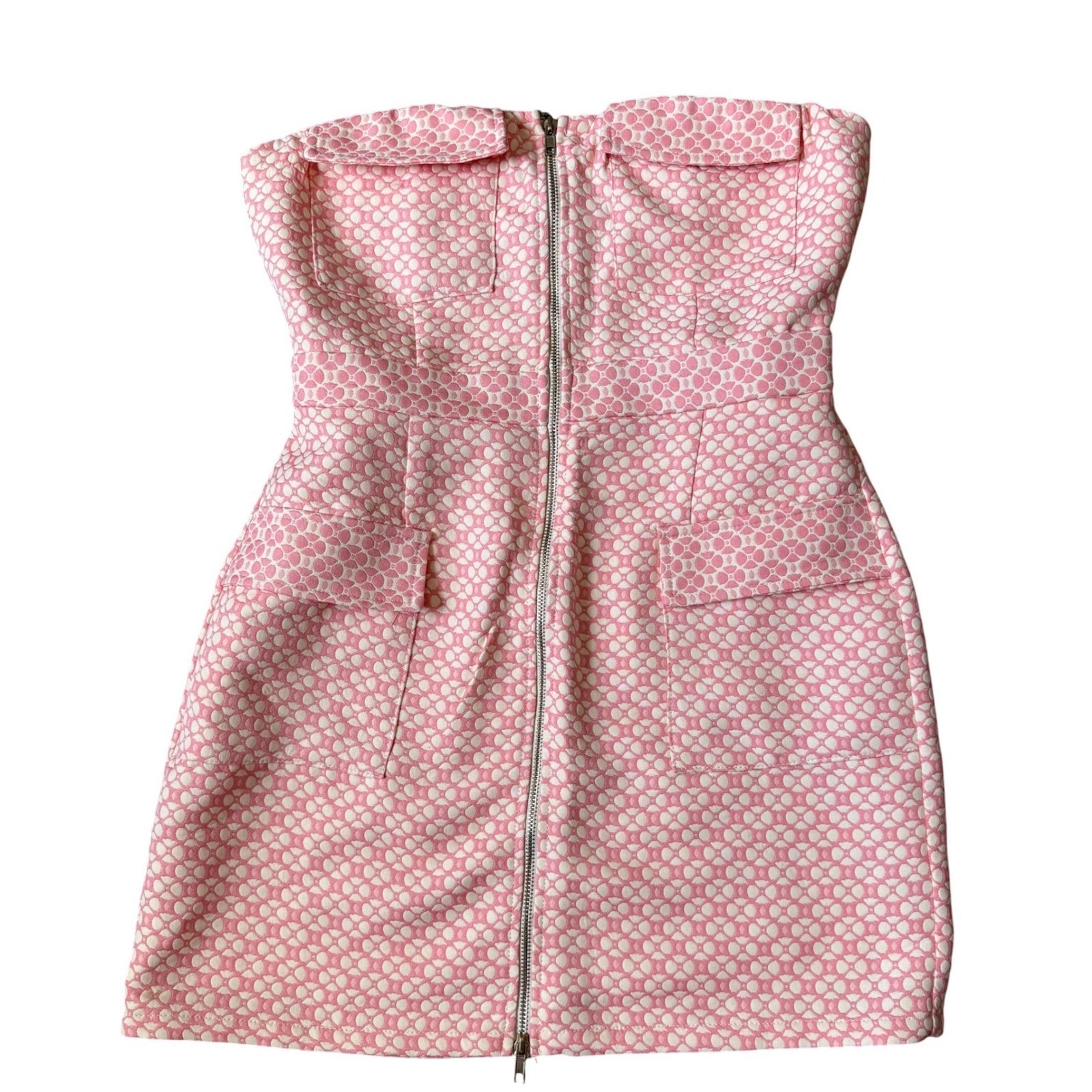 Review Strapless Pink Jacquard Mini Dress Size Large Wedding Guest Party Preppy