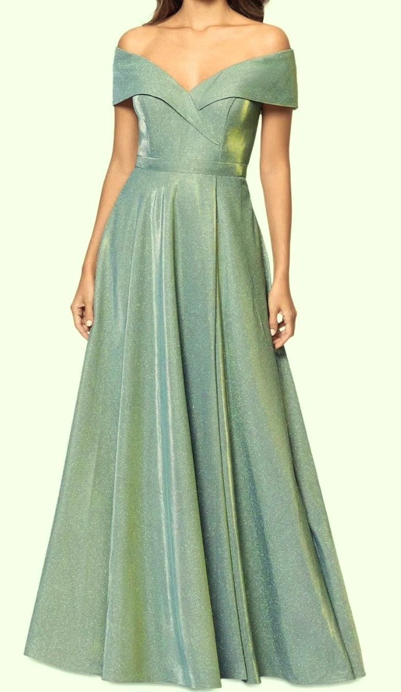Xscape Sage Green Metallic Sparkle Off the Shoulder Gown Size 14W $329