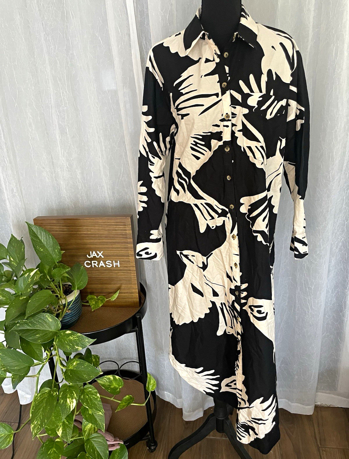 Maeve by Anthropologie Black White Abstract Collared Button Midi Shirt Dress S