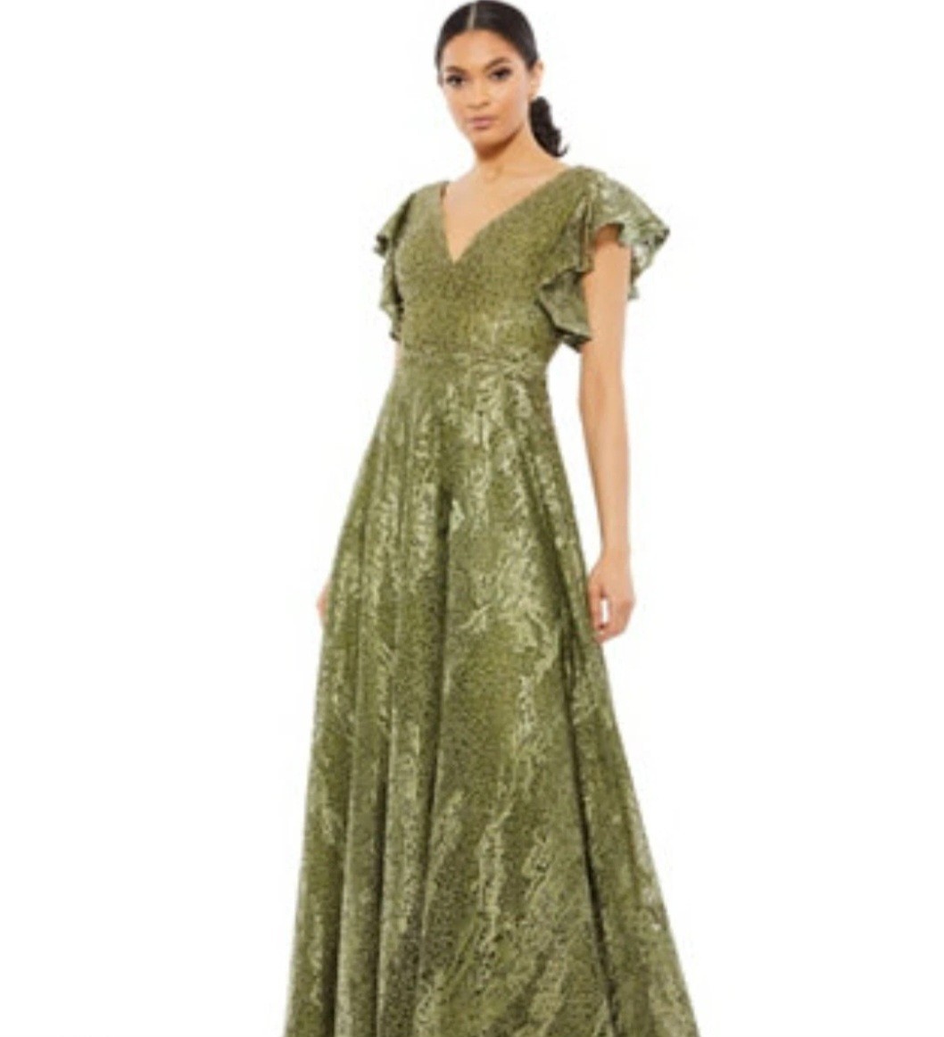 PO Mac Duggal 20310 Embroidered Beaded Flutter Sleeve Gown Olive Green SZ 16