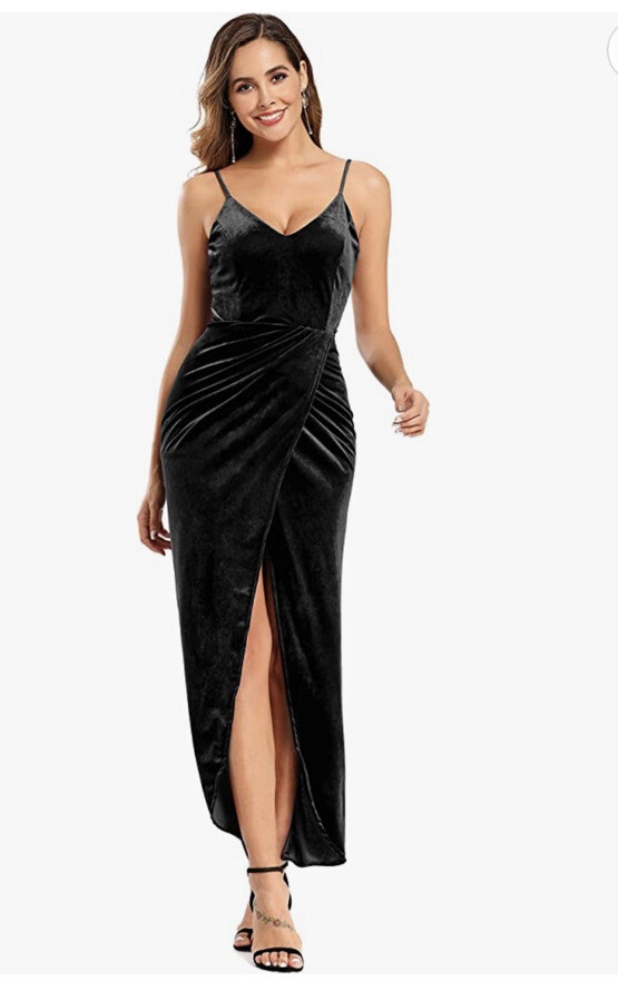 Ababalaya Size L Black Velvet Party Dress Maxi Slit Spaghetti Strap