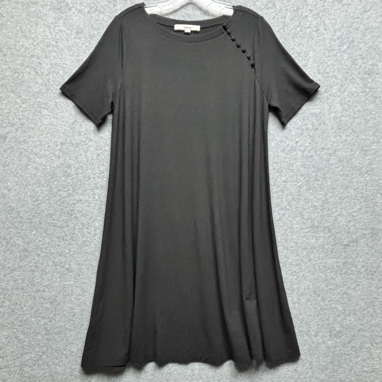 Loft Petites Trapeze Dress Size PM Black Short Sleeve Asymetrical Button Opeing