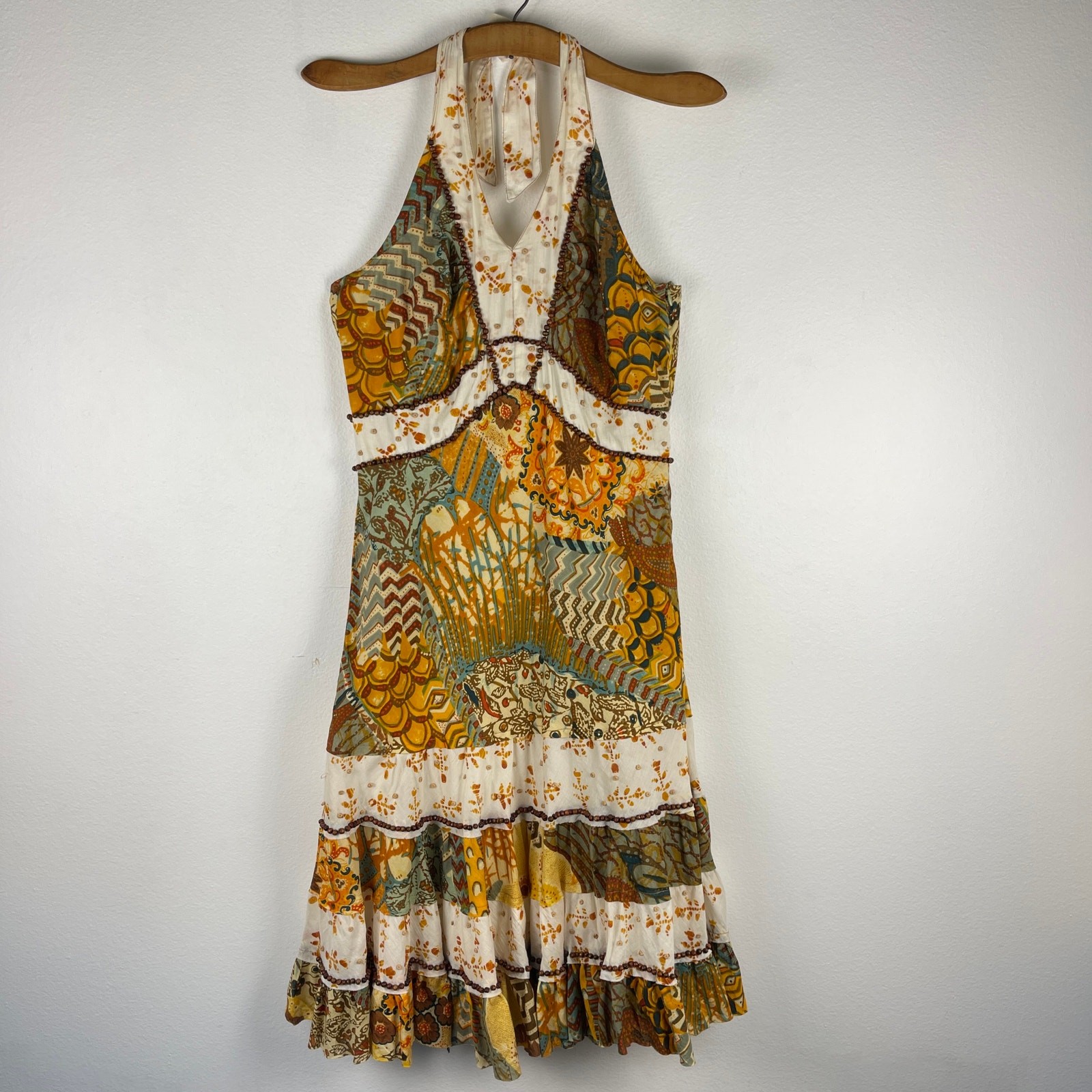Alberto Makali Halter Cotton Brown Yellow Printed Beaded Boho Dress Women’s 8