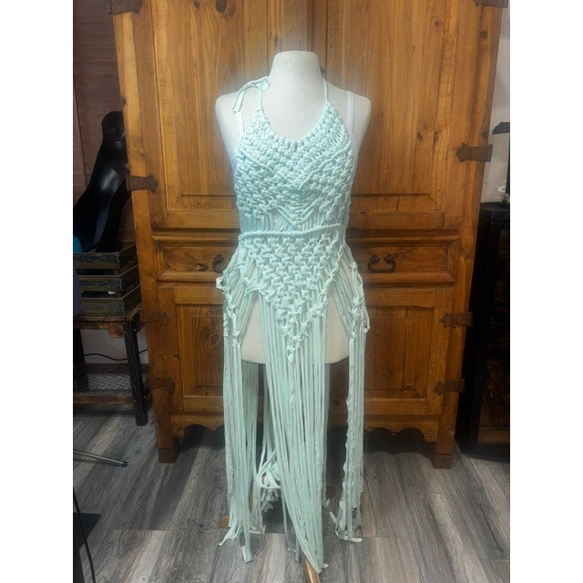 Handmade Macrame Fringe Halter Dress Mint Green Boho Festival Beach Coverup