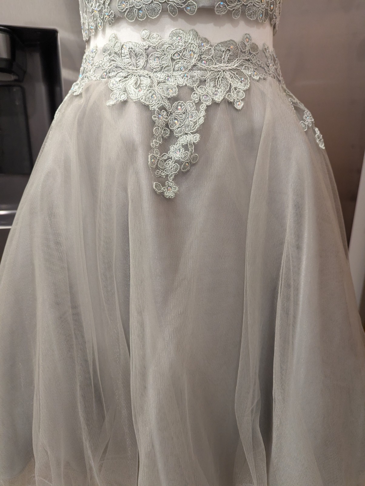 May Queen Size 12 Gray Beaded Embroidered Tulle V-Neck A-Line Knee Dress