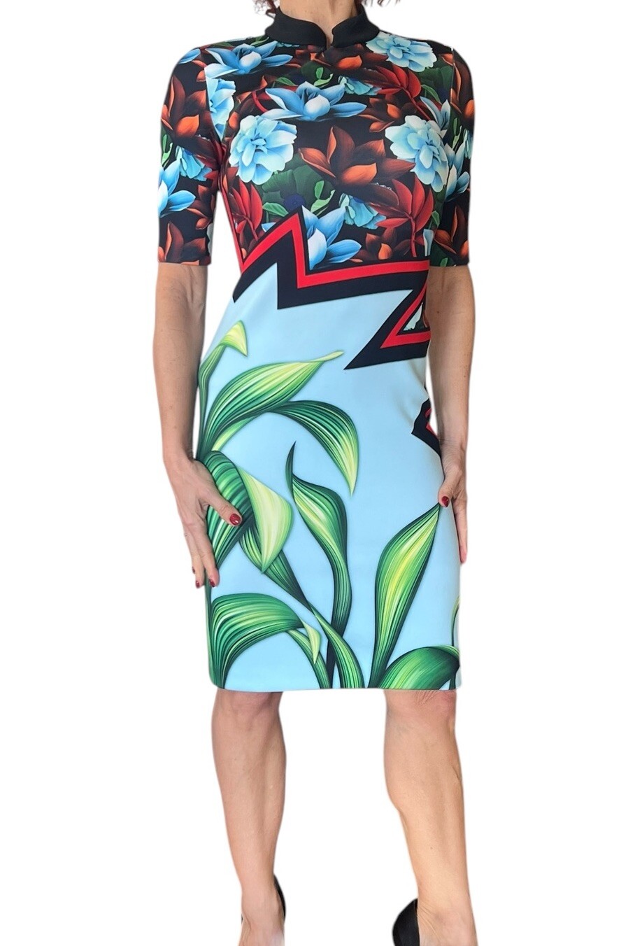 CLOVER CANYON NEOPRENE SCUBA DRESS FLORAL BODYCON SHORT SLEEVE