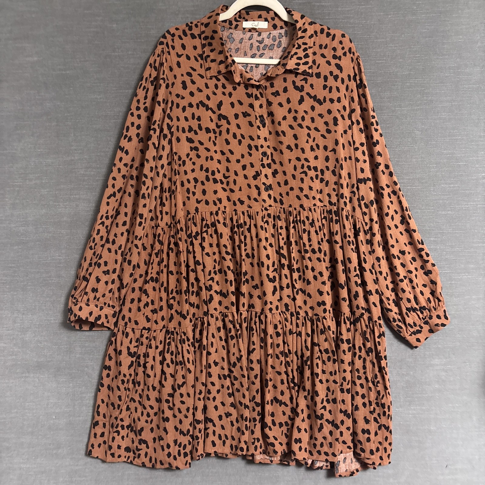 Easel Dress L Brown Animal Print Tiered Swing Shirt Boho Fall Long Sleeve Winter