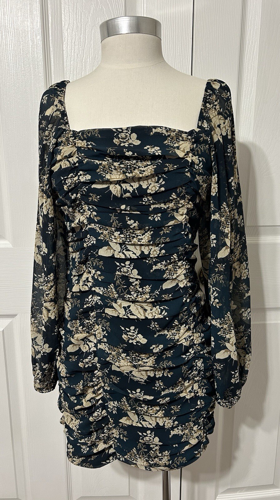 LUSH Teal Green/Cream Floral Mini Dress Balloon Sleeve Ruched Square Neck NWT S