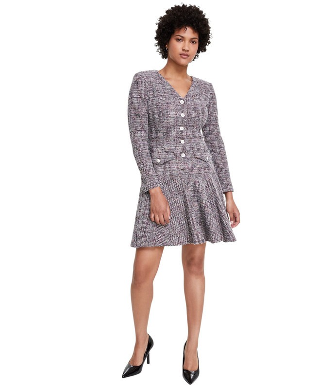 Taylor Women’s Tweed Button-Front Fit & Flare Dress (Shiraz Multi, 12)