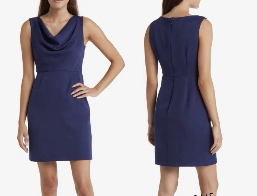 Sam Edelman Womens Dress 6 Navy Blue Sheath Business Casual Cowl Neck Lined New