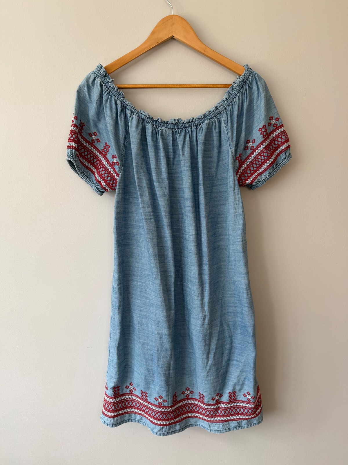 Tu Chambray Off-Shoulder Mini Cotton Dress Embroidered UK 8