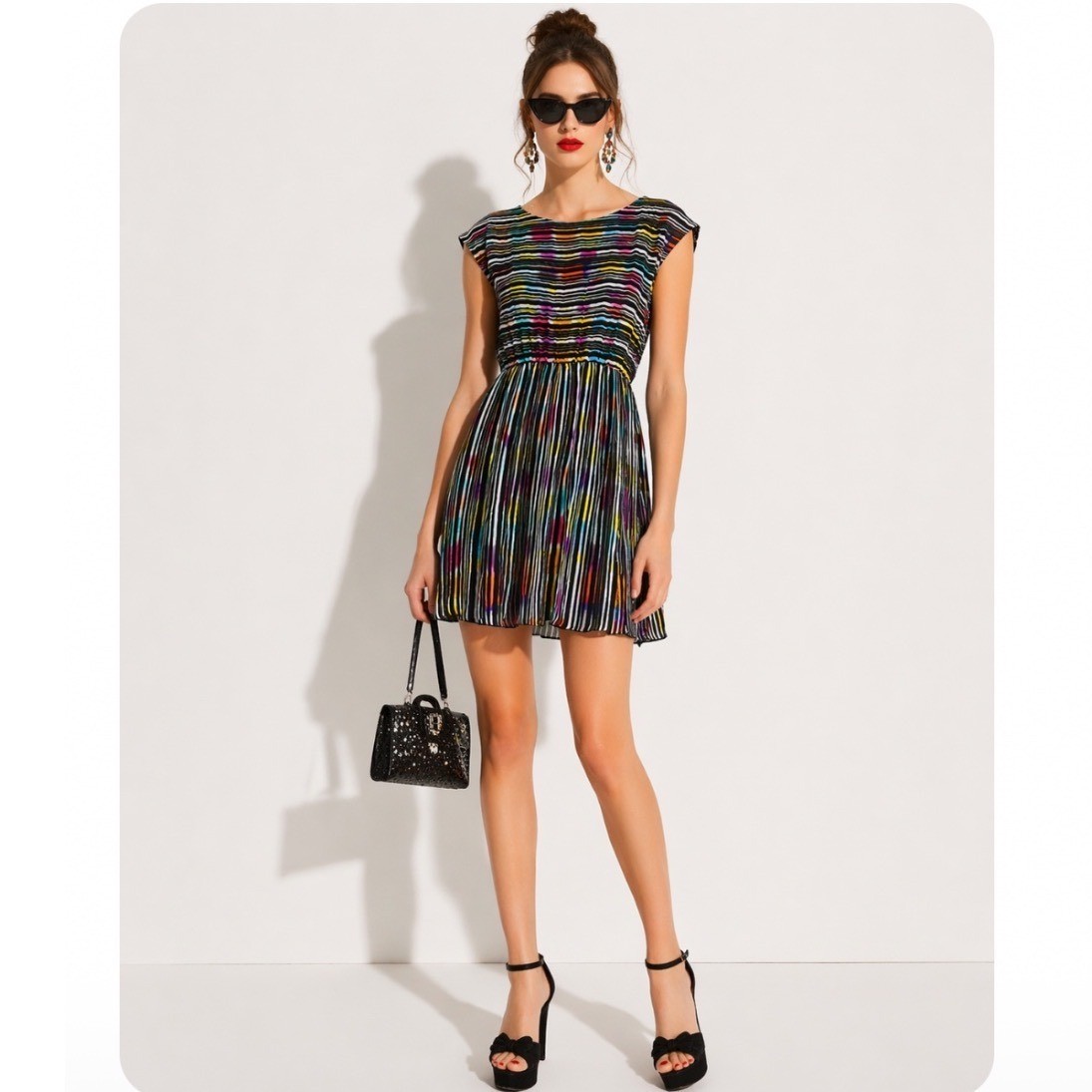 Alice & Olivia Multicolor Striped SKATER 100% Silk MINI Dress WOMEN SMALL