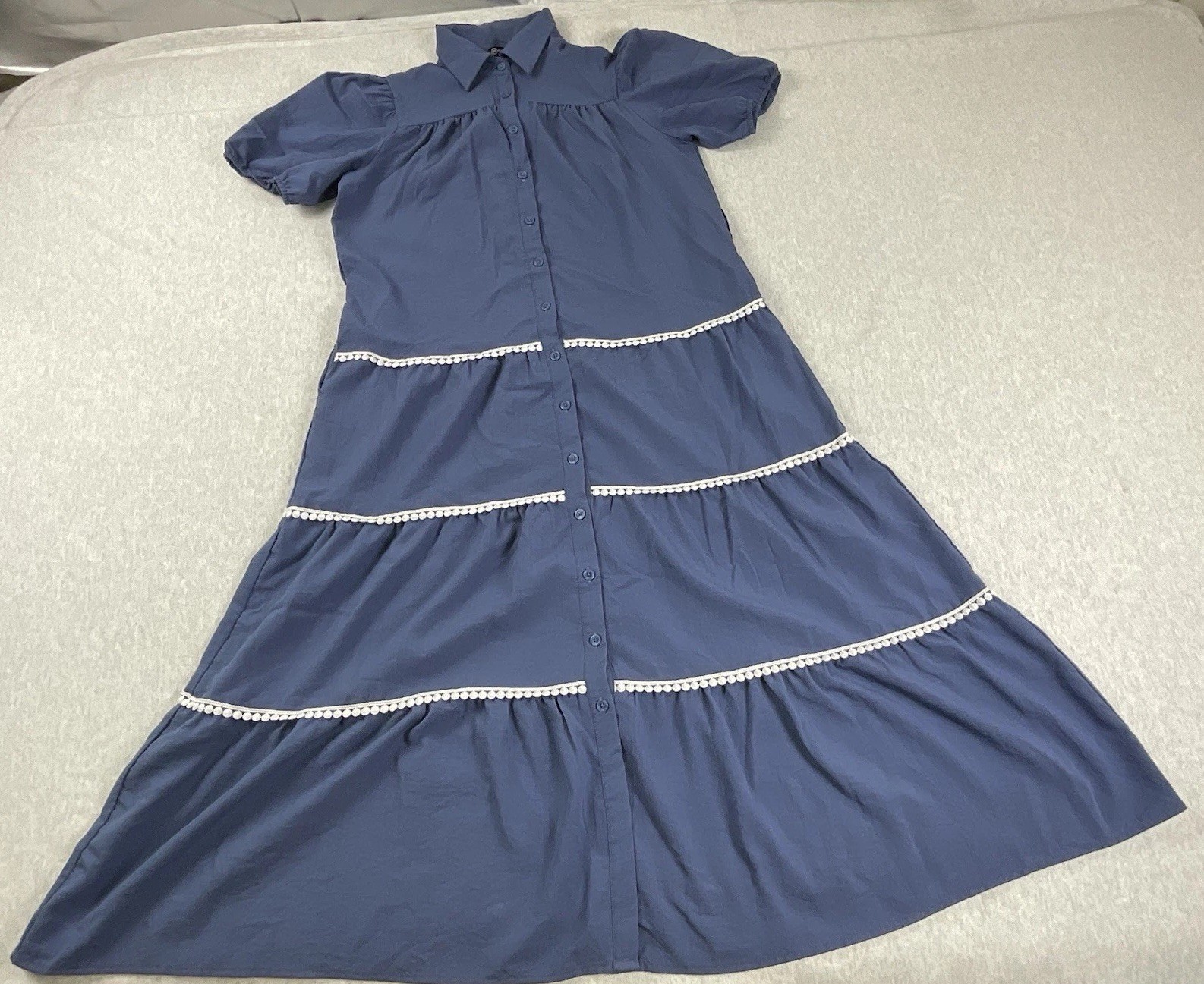 PrettyGarden Flowy Maxi Dress Women’s Medium A-Line Button Up Tired Ruffle Blue