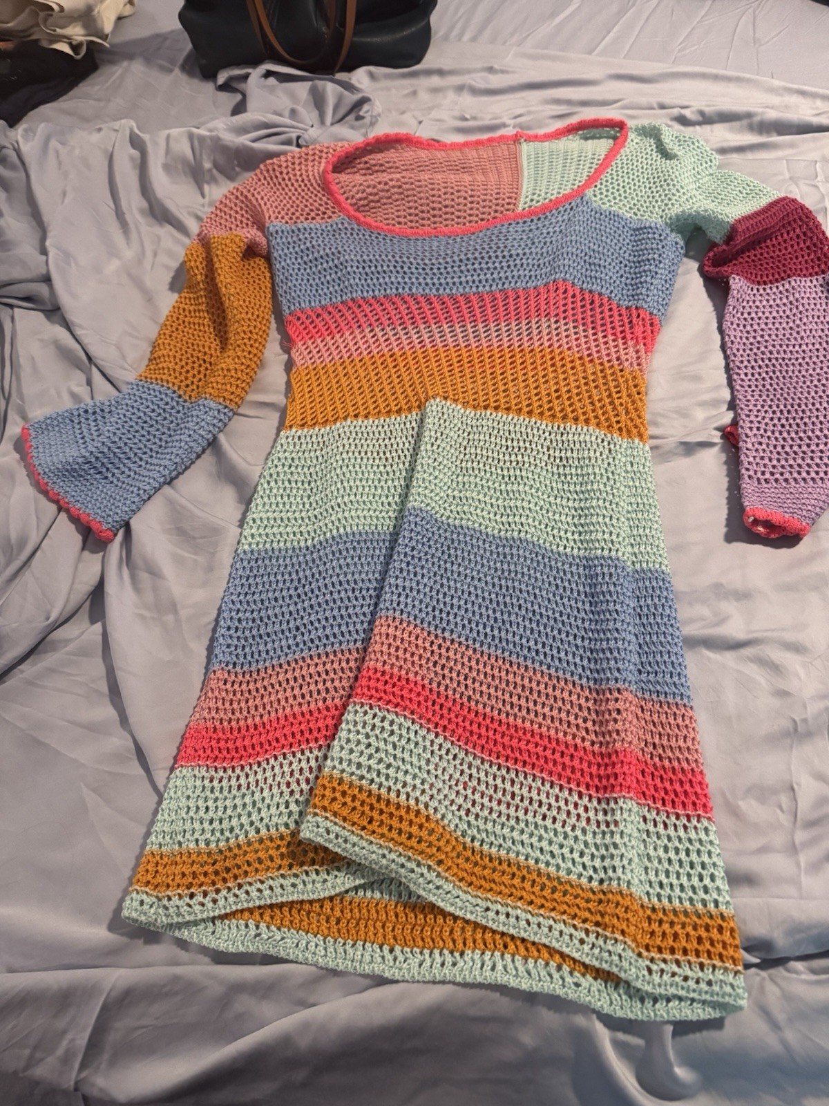 Women’s Multicolor Striped Crochet Mini Dress Scoop Neck Long Sleeve M/L
