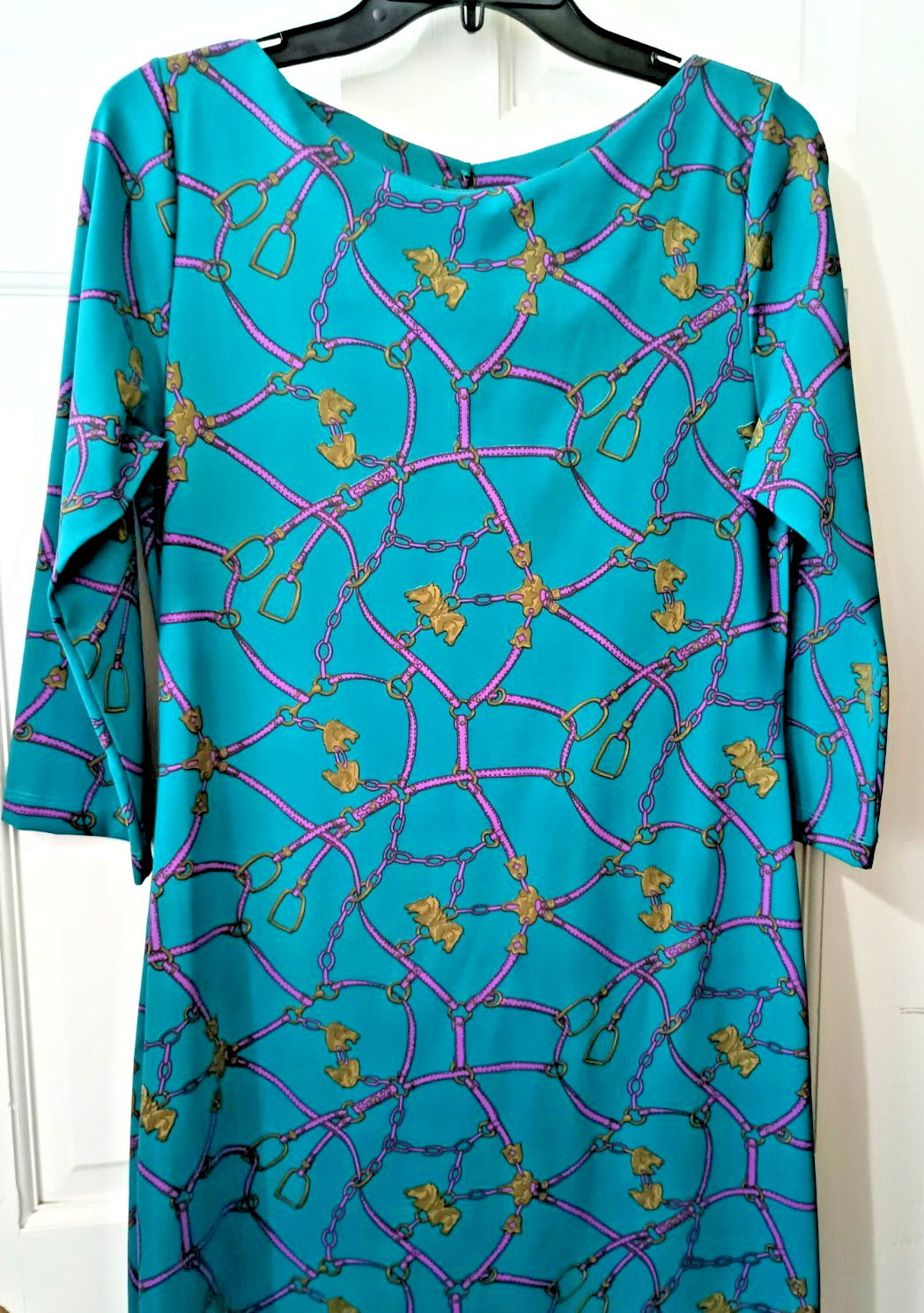 Britt by Britt Ryan Equestrian Shift Dress Horse Bit & Bridle Print Aqua Small