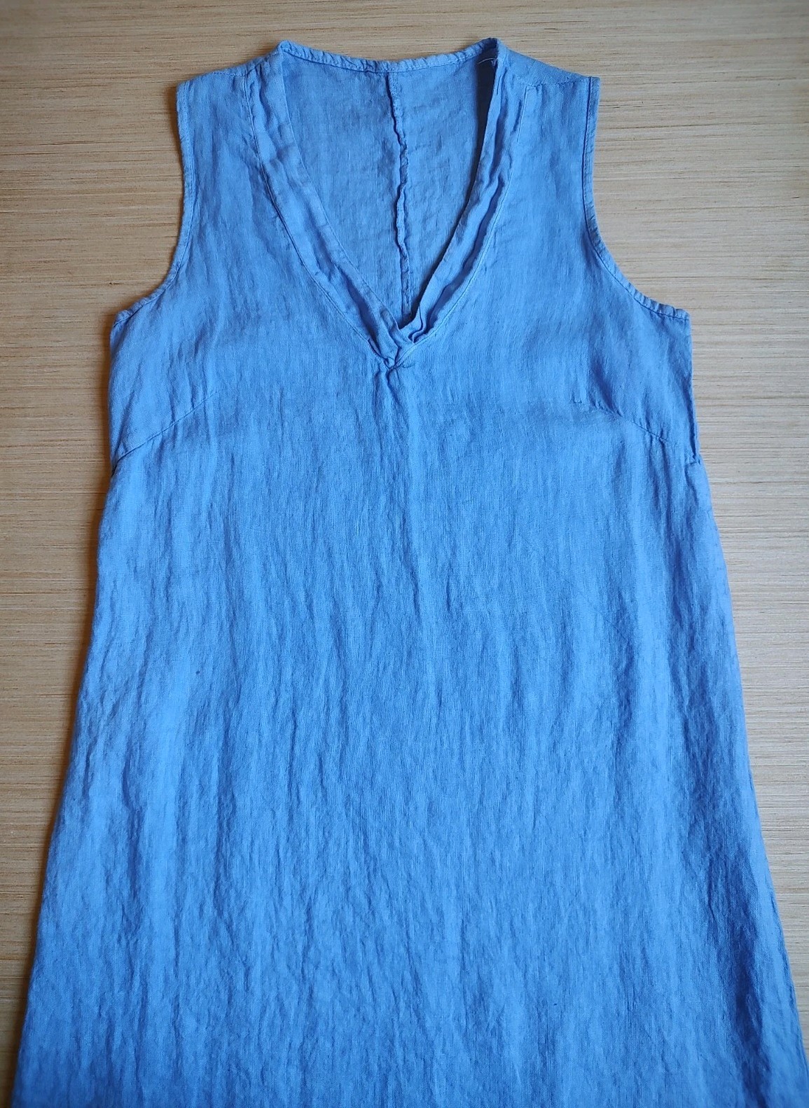 Francesca Bettini Midi Periwinkle Blue 100% Linen Dress Ruffle Hem V Neck Size M