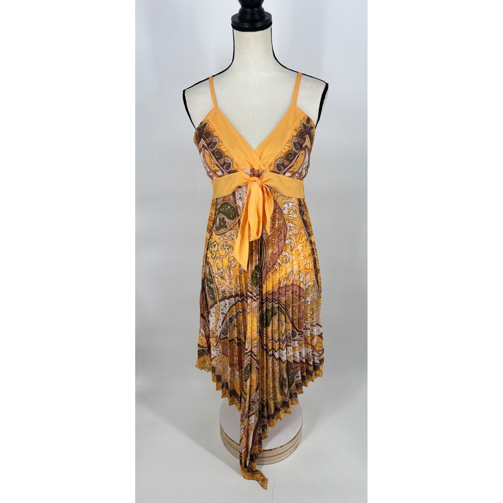 Adele Fado Pleated Handkerchief Dress Womens IT 44 Yellow Paisley Boho Midi