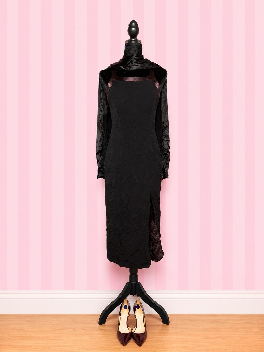 Caren Desiree Company Black Satin Trim Midi Dress | Y2K Vintage Cocktail Dress