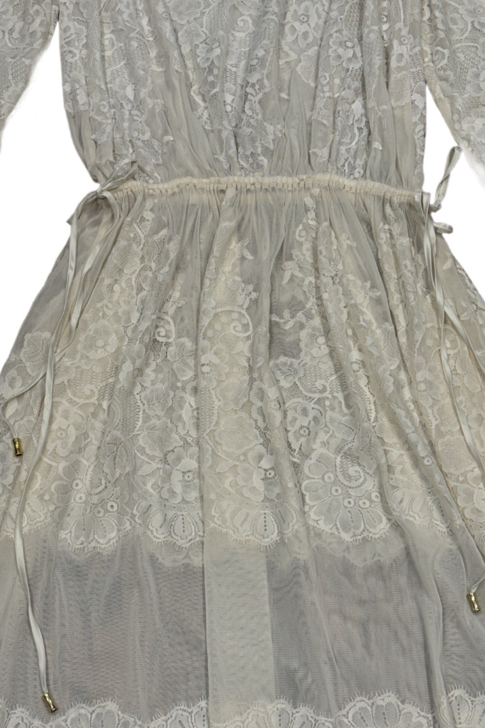HAH Royal HAHness Eggshell Sheer Lace Maxi Dress XS/S Balloon Sleeve Pockets
