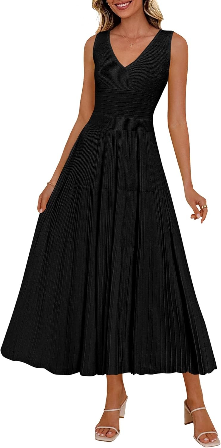 Summer Dresses for Women 2026 Spring Casual Sleeveless V Neck Pleated Midi Work
