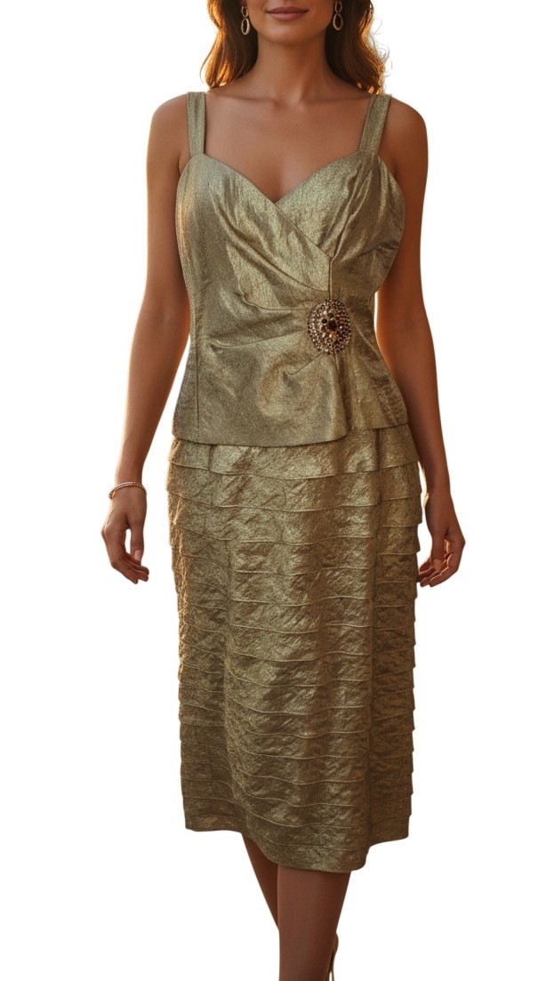 90s Y2k Womens Gold Rhinestone Ruffle Ruched Formal Evening Dress Sz 14P