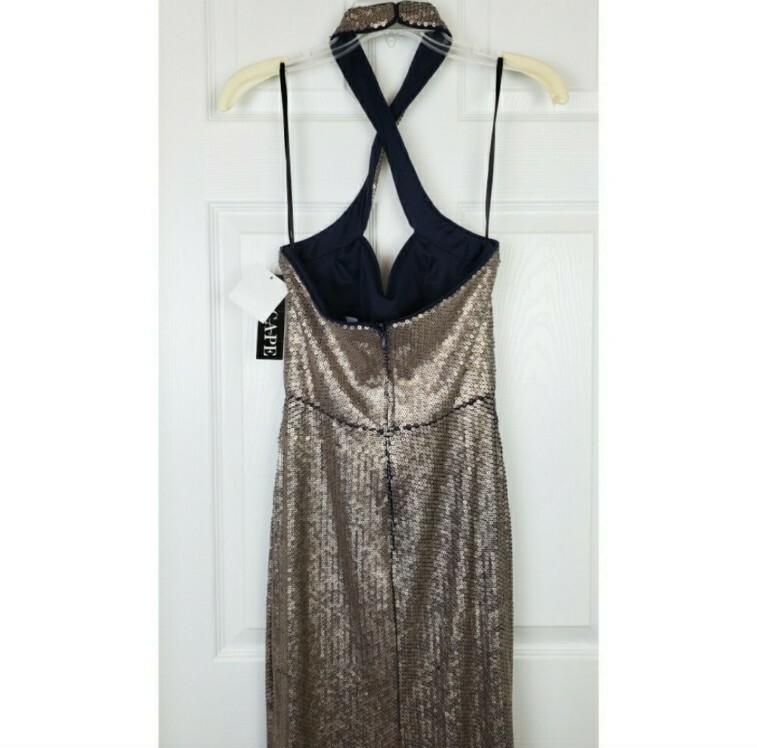 Xscape allower sequin glitter crisscross halter gown maxi dress size 4 brown NWT
