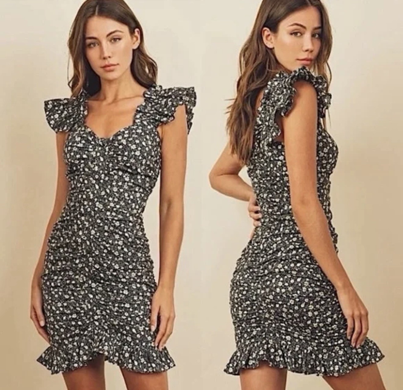 DRESS FORUM DITSY DAISY RUCHED Navy Floral MINI DRESS M Off The Shoulder Stretch