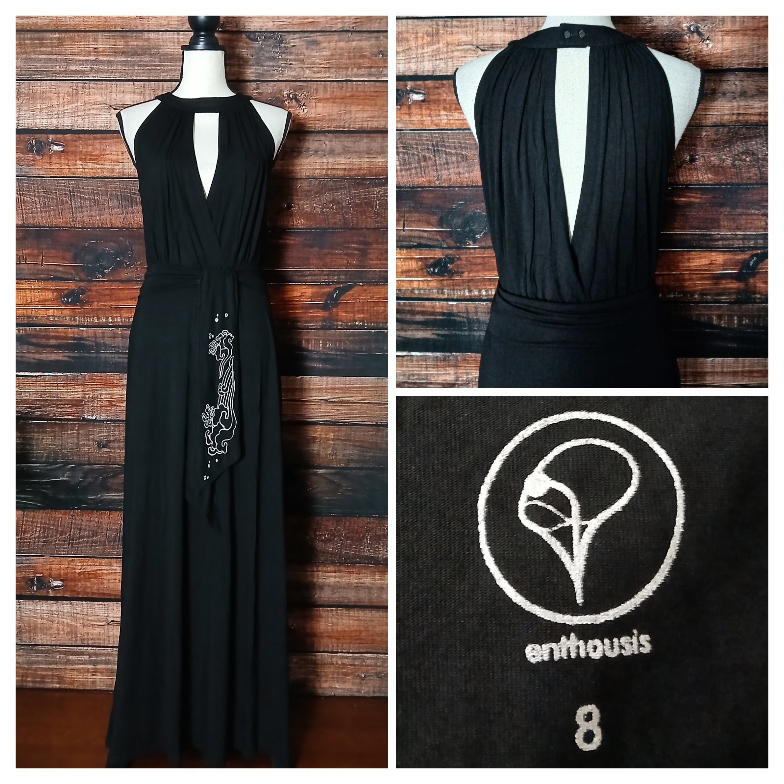 Enthousis Maxi Dress Size 8 Belted Halter Plunge Modal Viscose