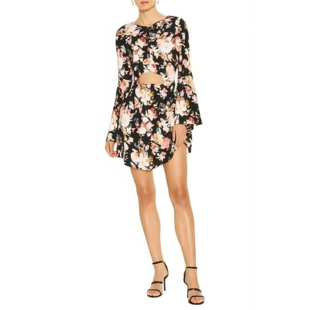 Listicle Mini Dress Large Multicolor Floral Bell Sleeve Cutout Boho Chic Trendy