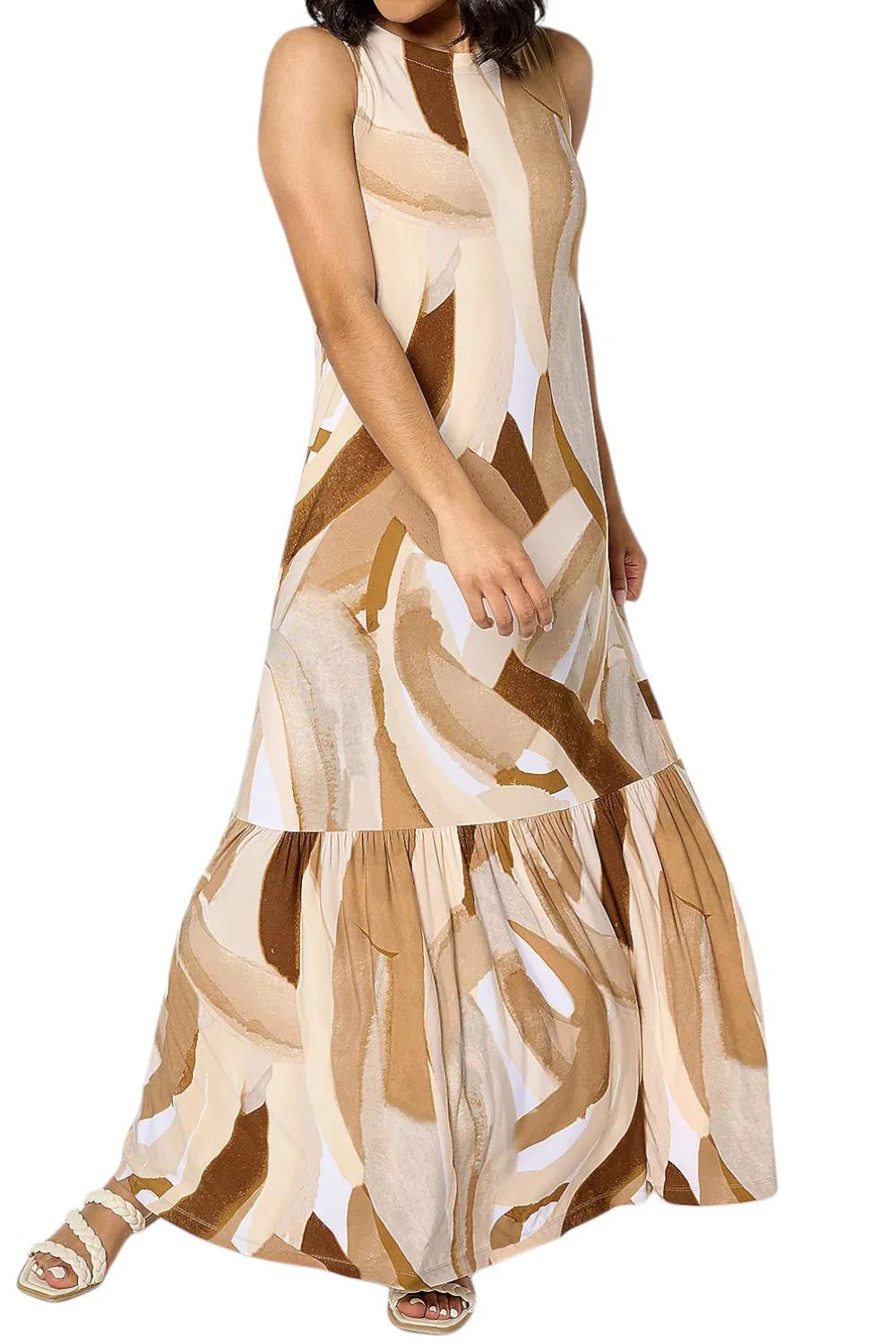 Susan Graver Women’s Printed ALine Back Tie Maxi Dress Sand