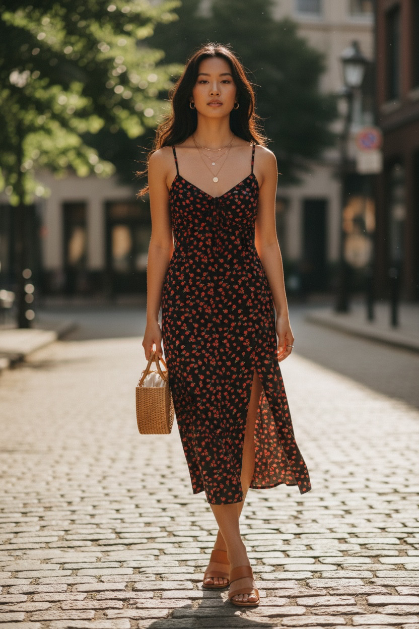 Princess Polly Noda Black and Red Floral Midi Slip Dress Size 8