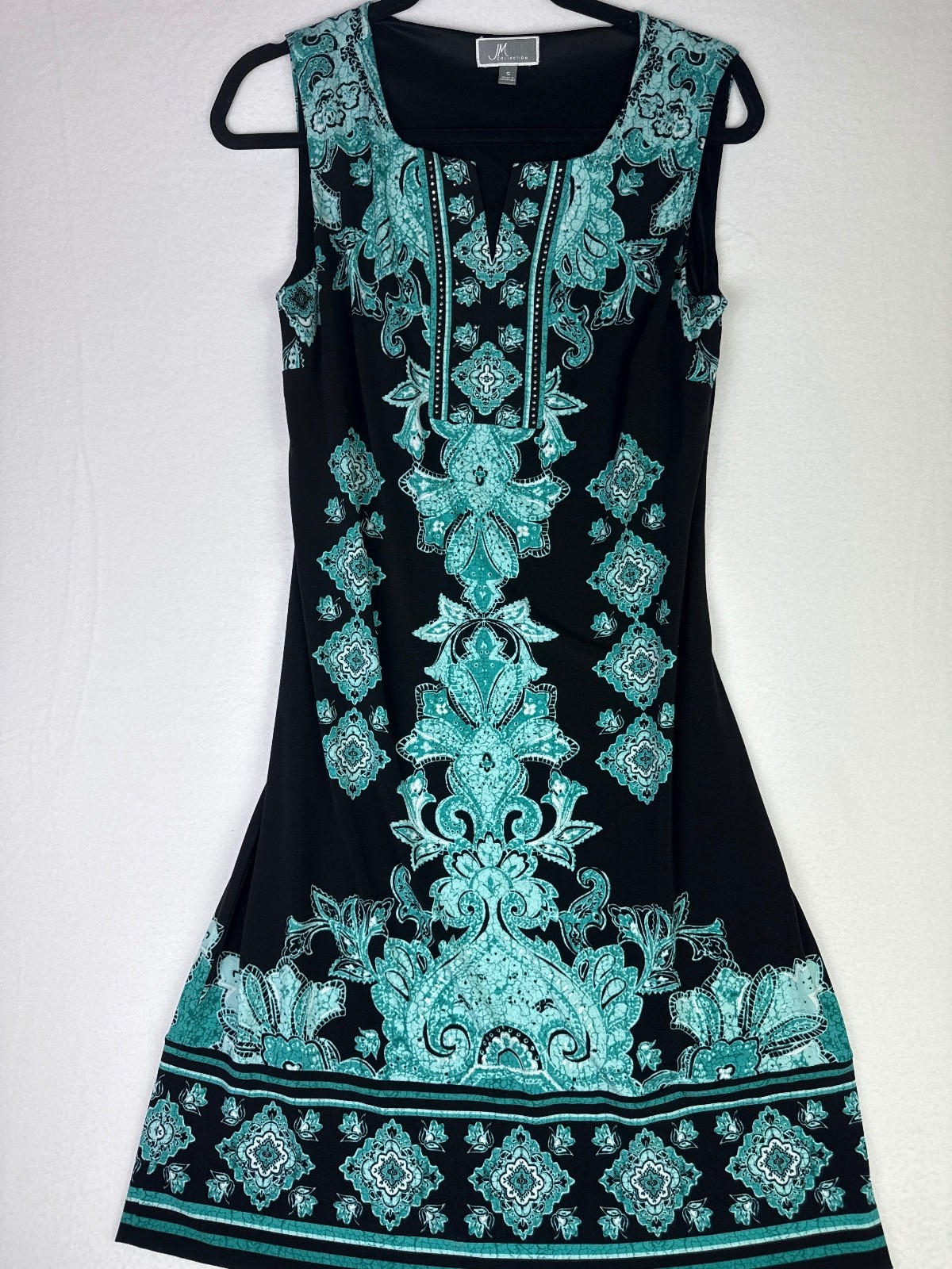 JM Collection Black and Turquoise Sleeveless Dress with Ornate Pattern – Size S