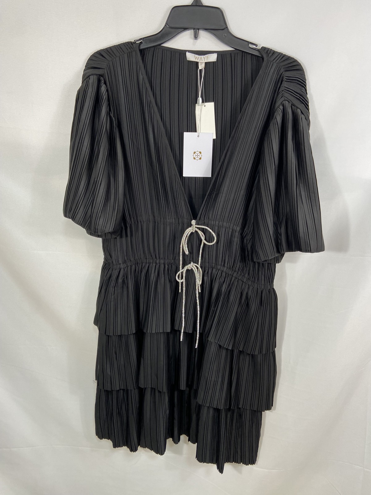 WAYF Women’s Black Accordion Pleated Rhinestone Bow Dress 92986WCH Sz XL NWT