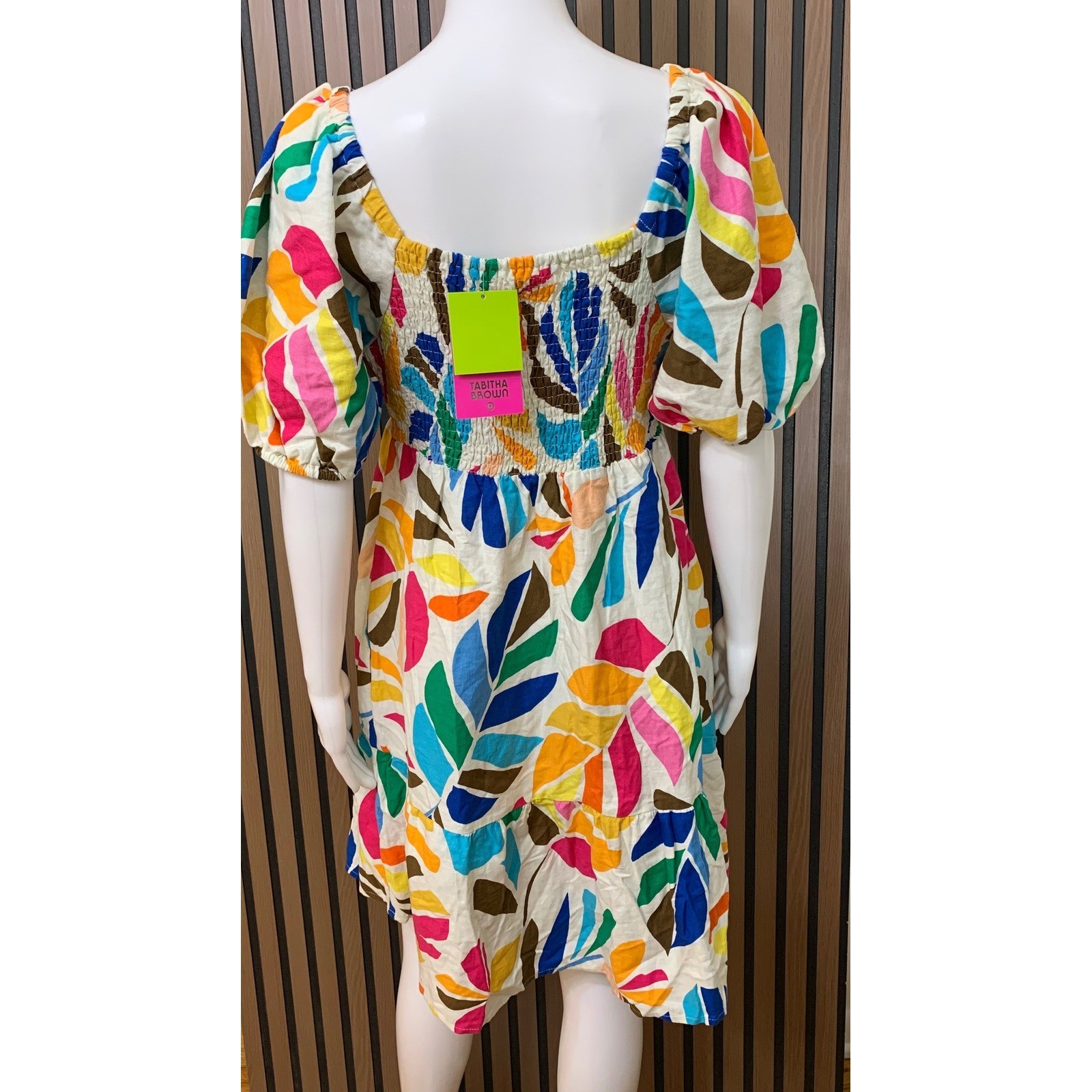 Tabitha Brown for Target Multi-Color Tropical Leaf Puff Sleeve Midi Dress M NEW