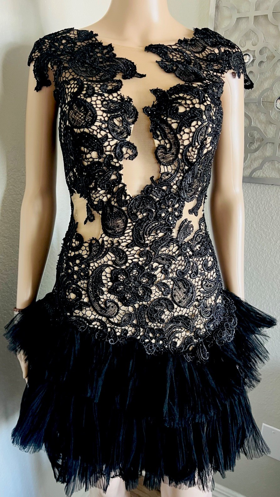 MAC DUGGAL Embellished LACE Cocktail Party Tulle Ruffle Evening Dress sz 4 SMALL
