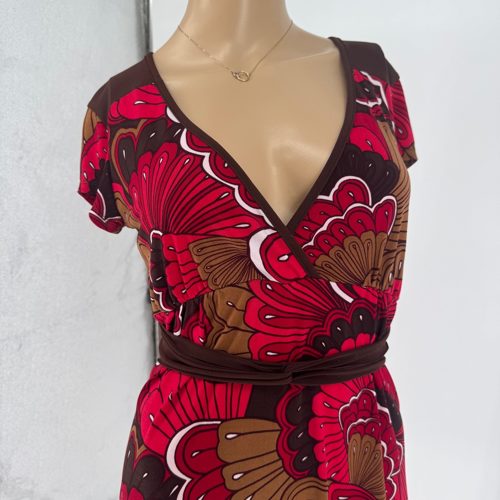 Volume One Red Brown Psychedelic Floral V-Neck Faux Wrap Dress Size M Y2K Retro