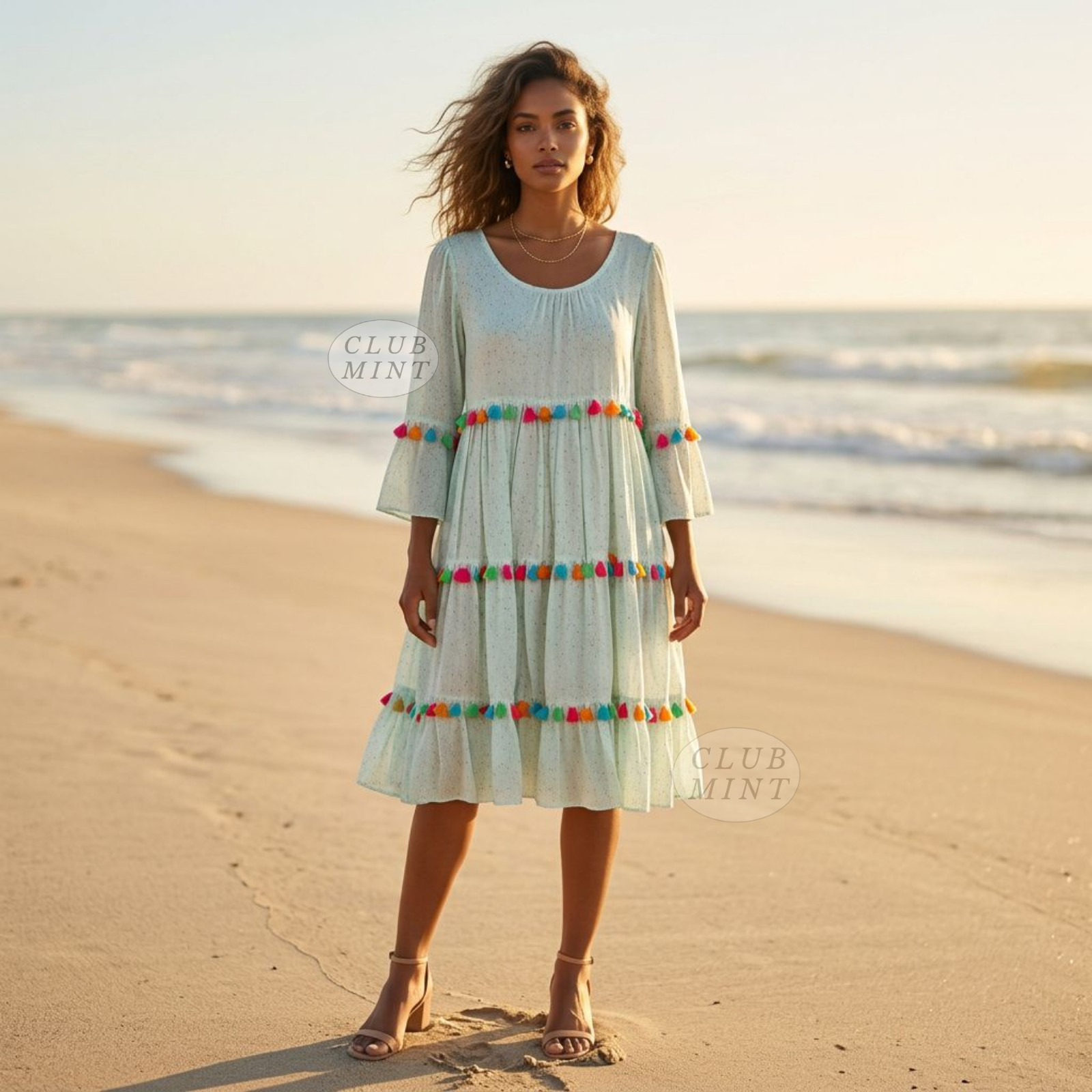 NWT Athena Procopiou Rainbow Tassel Silk Tiered Dress Mint Green Sz L 8/10 $600