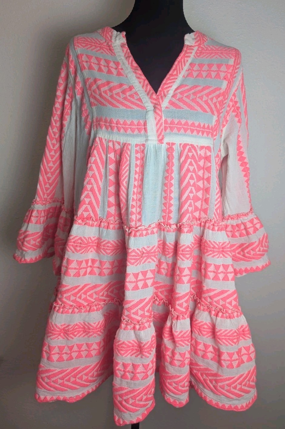 Devotion Twins Neon Pink White Embroidered Boho Tunic Dress Women’s M Greek Mini