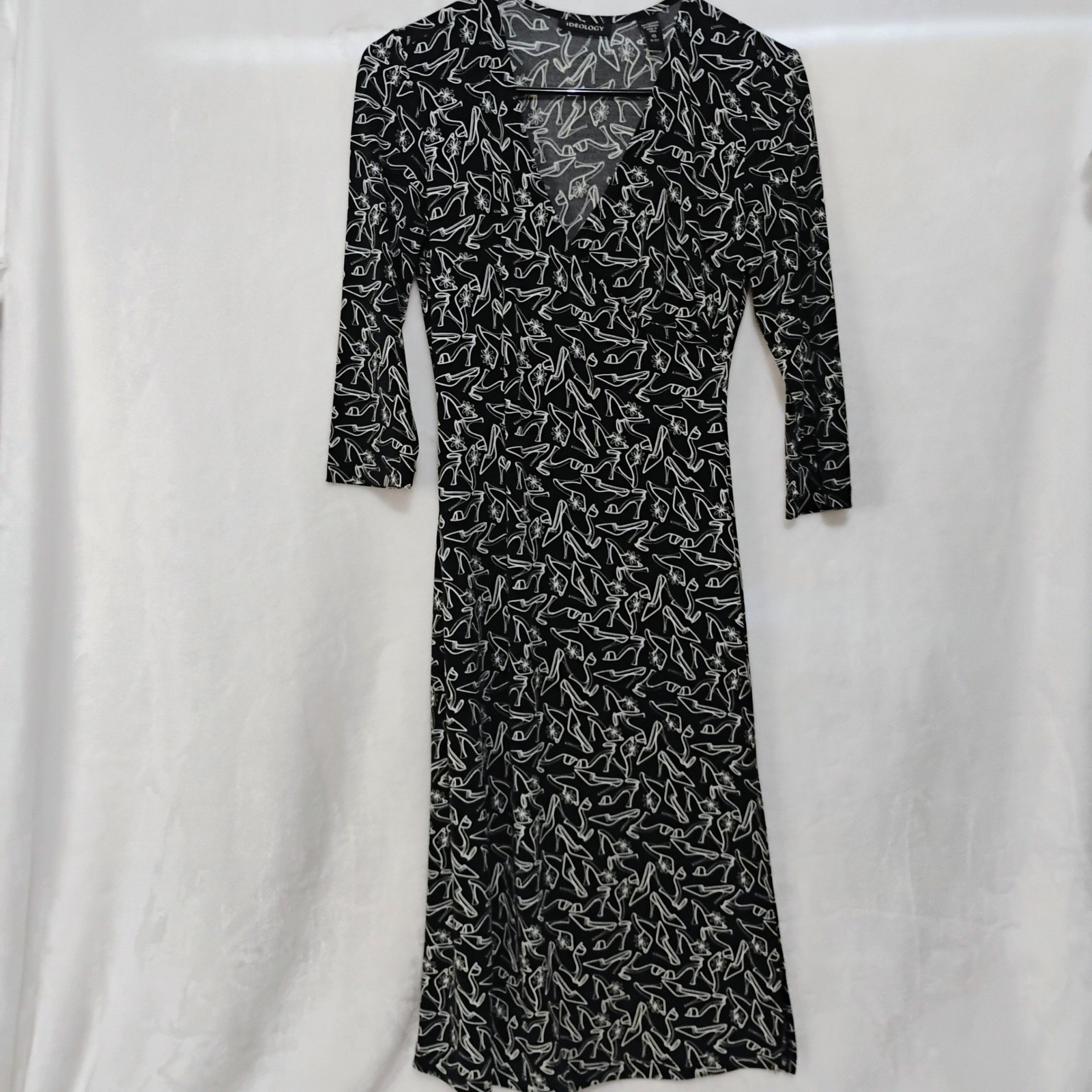 Ideology Womens XS Black White High Heel Shoe Print V Neck Midi Wrap Dress W