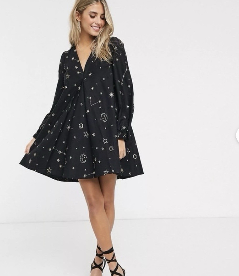 ASOS black mini dress star and moon gold embroidery size 6