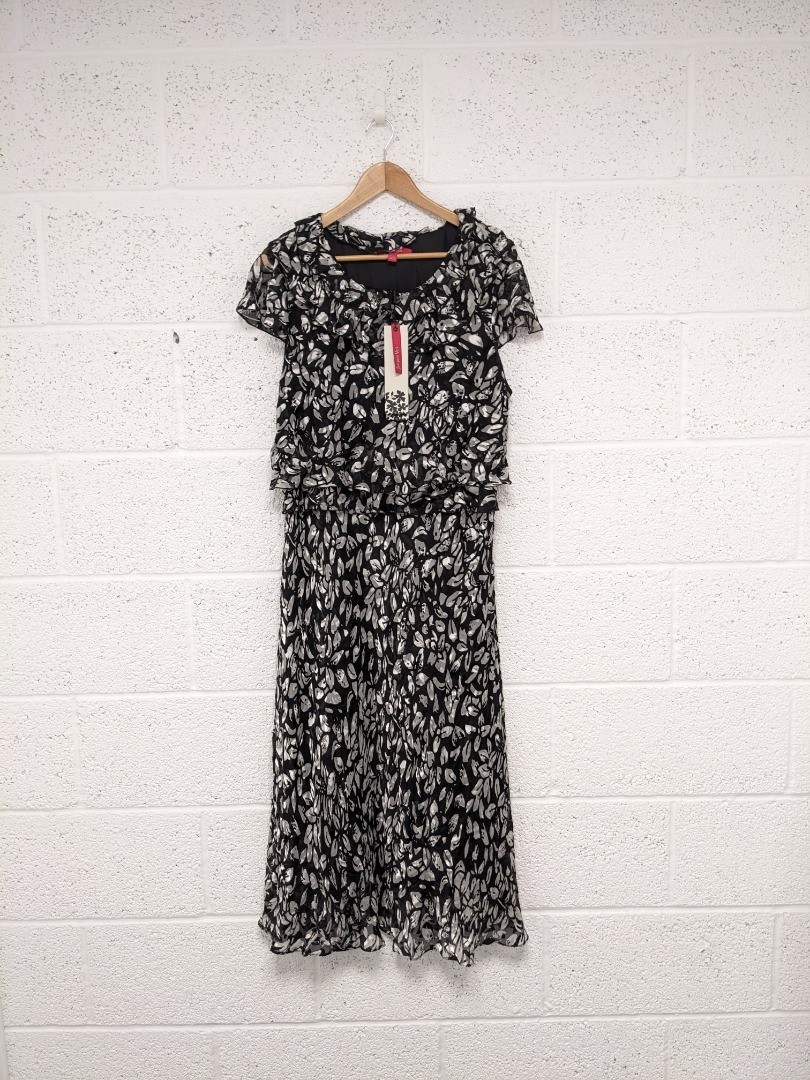 Jacques Vert Patterned Frill Dress Silk Blend Black White UK 22 – New