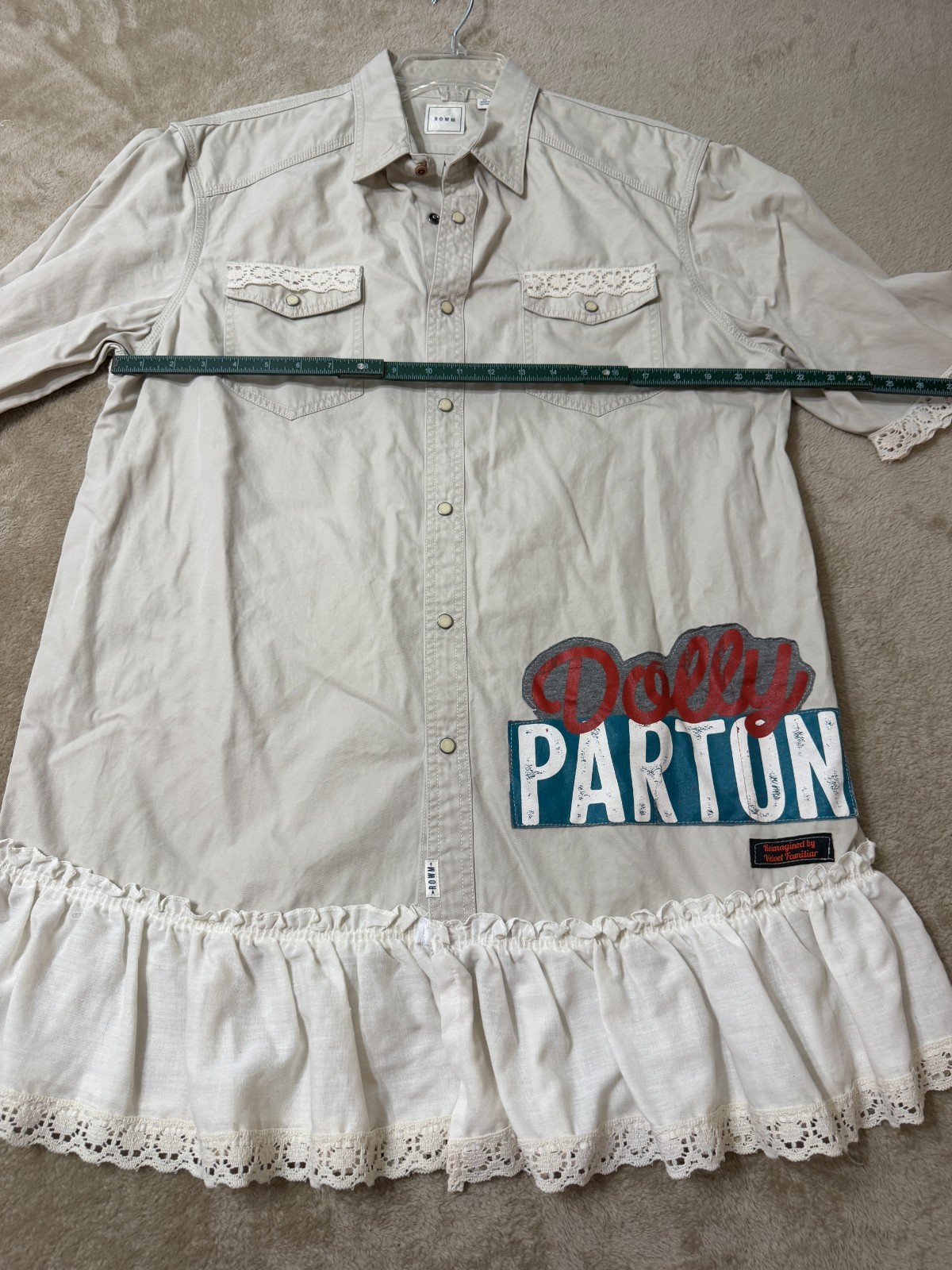 Dolly Parton Lace Ruffle Western Shirt Dress Women’s XL Upcycled Velvet Familiar