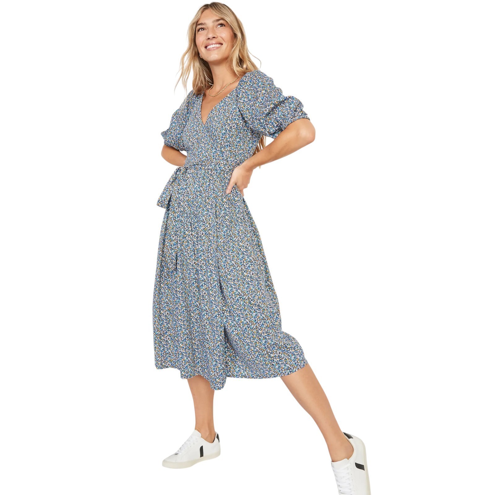 Old Navy Womens Waist-Defined Floral Tie-Belt Midi Wrap Dress Smocked Floral