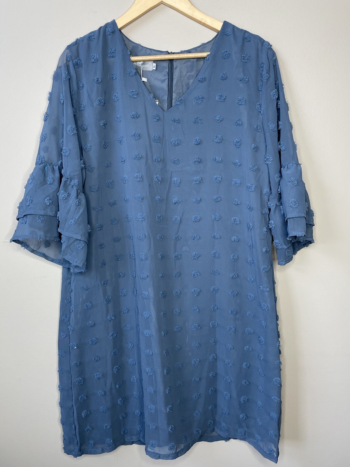 NEW Belongsci size XL Women Swiss Dot Midi Dress Blue Layered Sleeves Flowy
