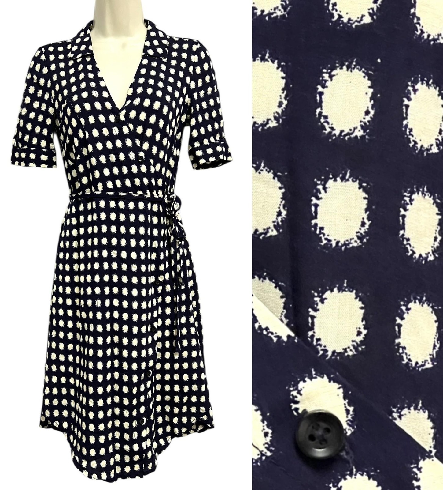 11•1 TYLHO Dress Womens XXS Blue White Polka Dot Wrap Collared Rayon Casual